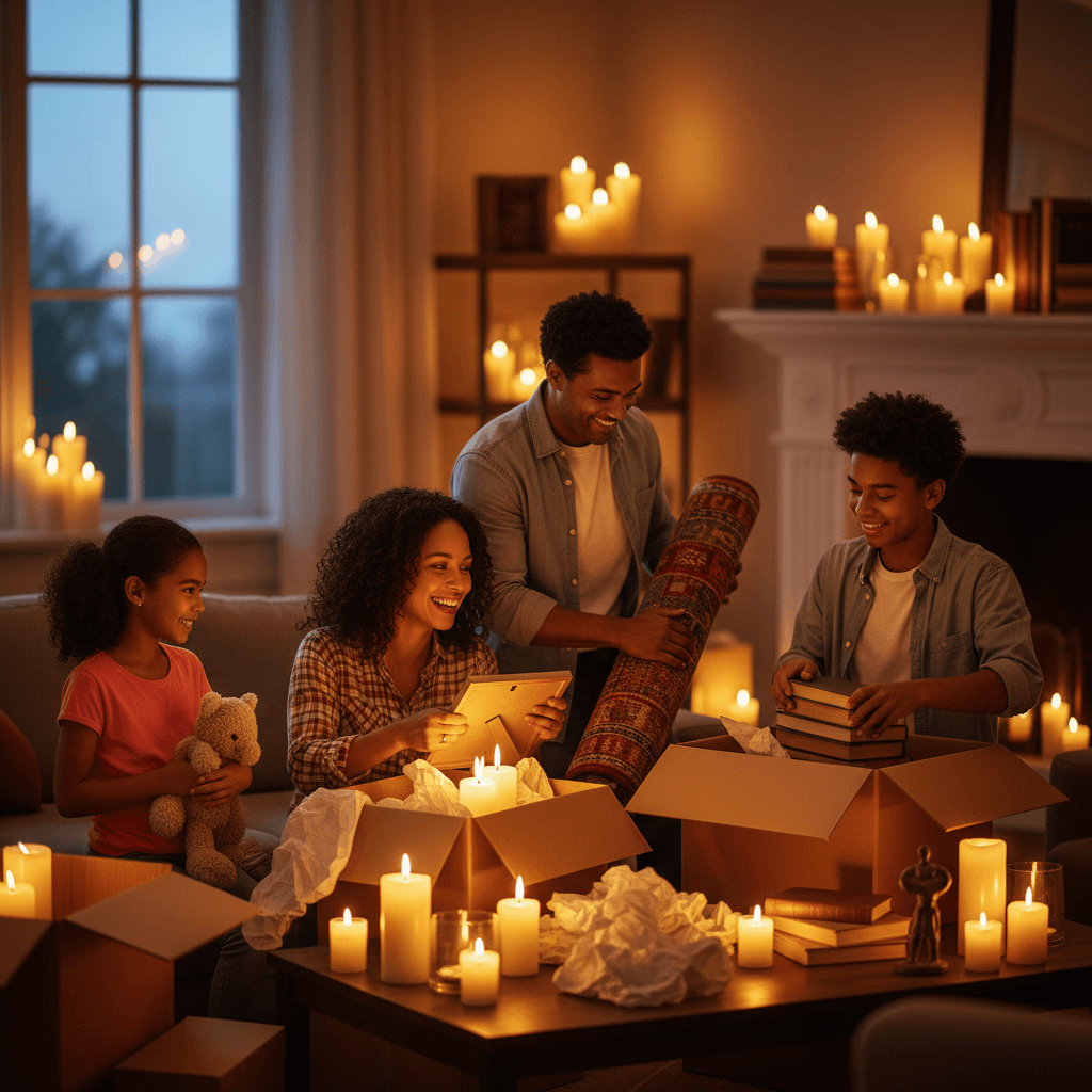 Family unpacking and settling into new home