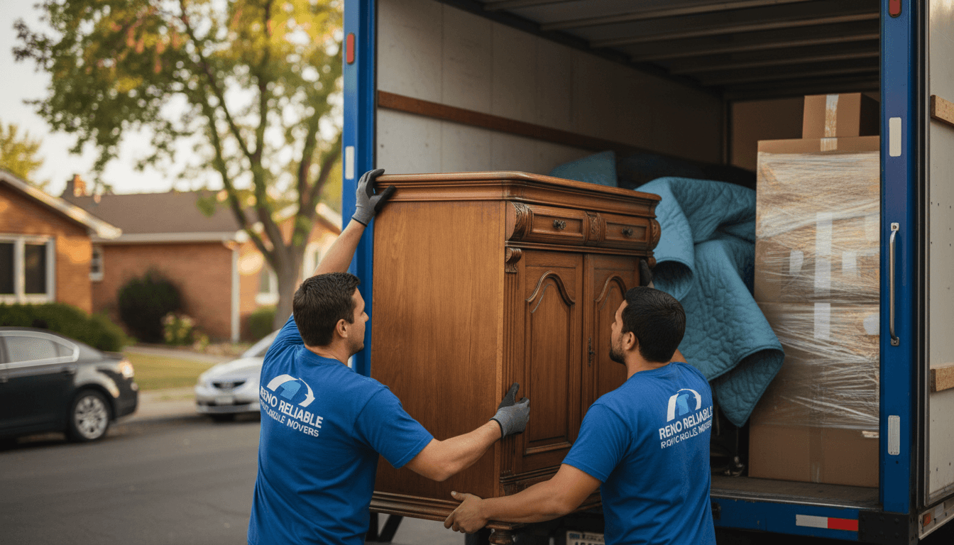 Professional moving team carefully loading furniture into a moving truck with organized packing visible inside