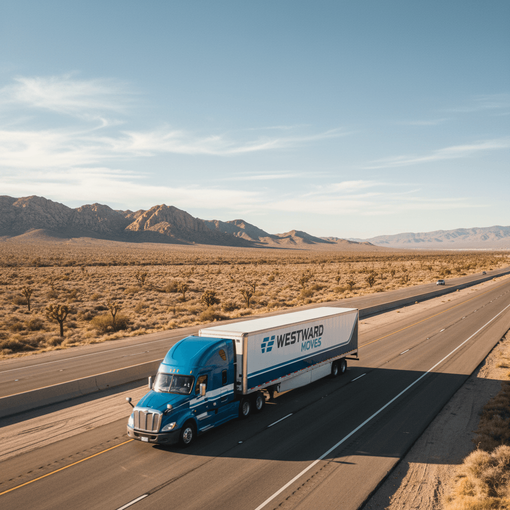 Moving truck traveling on highway for long-distance relocation service